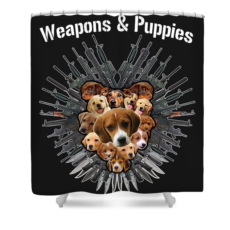 Puppy Shower Curtain featuring the painting Weapons and Puppies White Text by Yom Tov Blumenthal