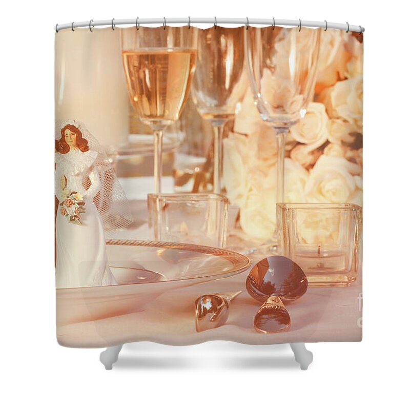 Arrangement Shower Curtain featuring the photograph Wedding cake figurines on plate by Sandra Cunningham