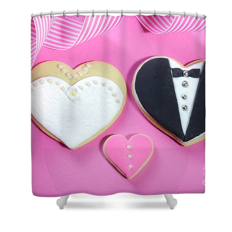 Wedding Shower Curtain featuring the photograph Wedding cookies in bridal party design. by Milleflore Images