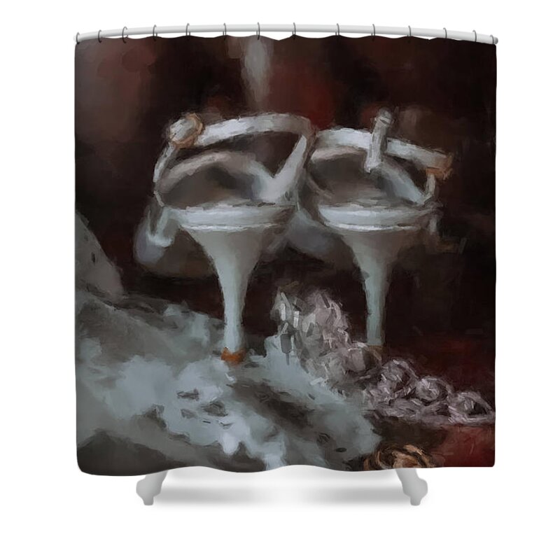 Wedding Heels Shower Curtain featuring the painting Wedding Heels GNA by Gary Arnold