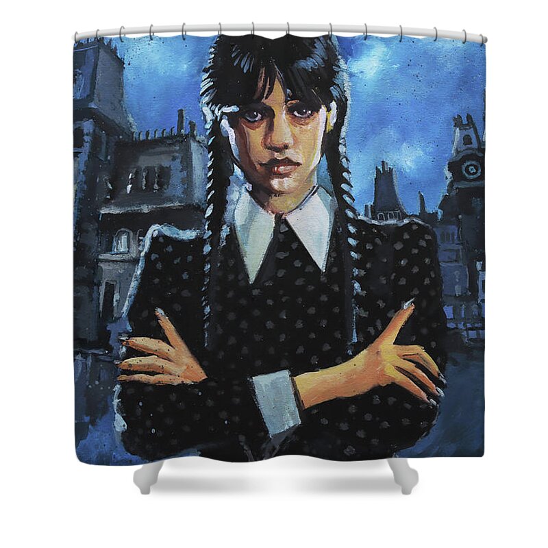 Addams Family Shower Curtain featuring the painting Wednesday Addams by Sv Bell