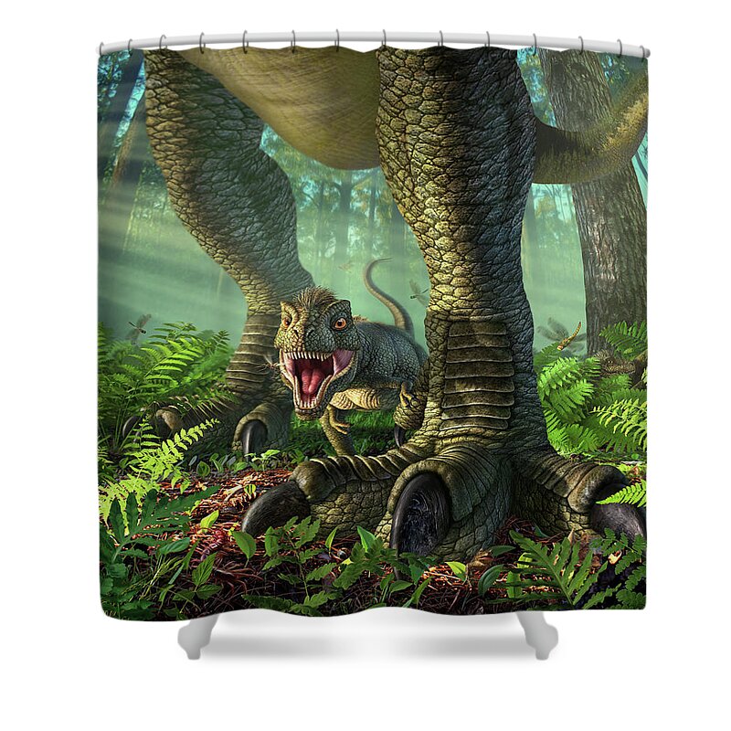 T-rex Shower Curtain featuring the digital art Wee Rex by Jerry LoFaro