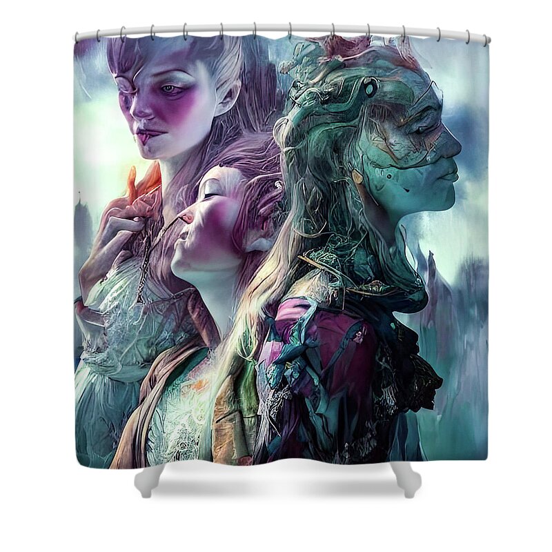 William Shakespeare Shower Curtain featuring the painting Weird Sisters by Bob Orsillo