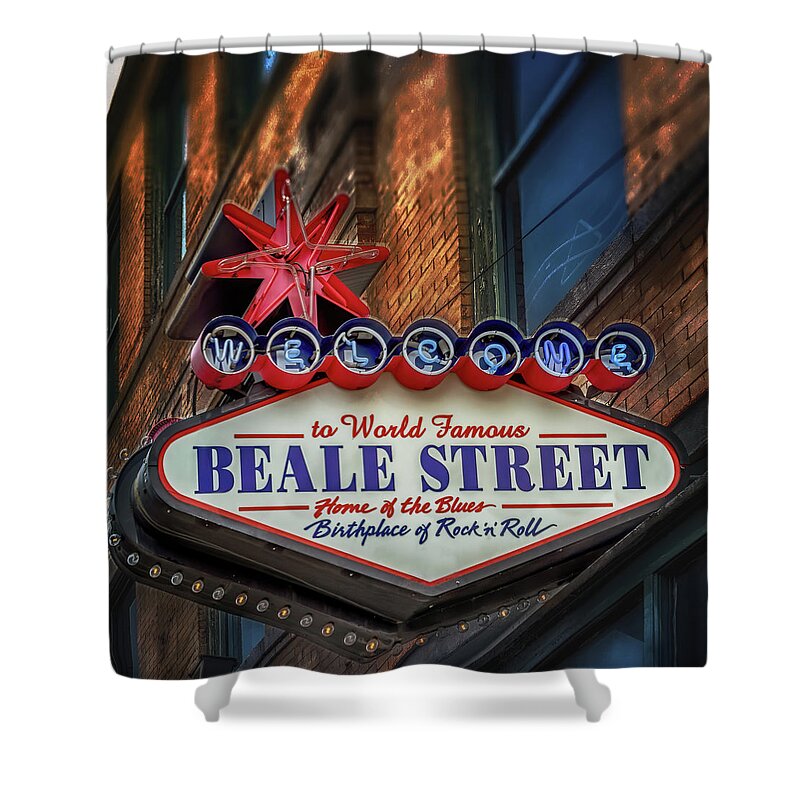 Memphis Tennessee Shower Curtain featuring the photograph Welcome to Beale Street by Susan Rissi Tregoning