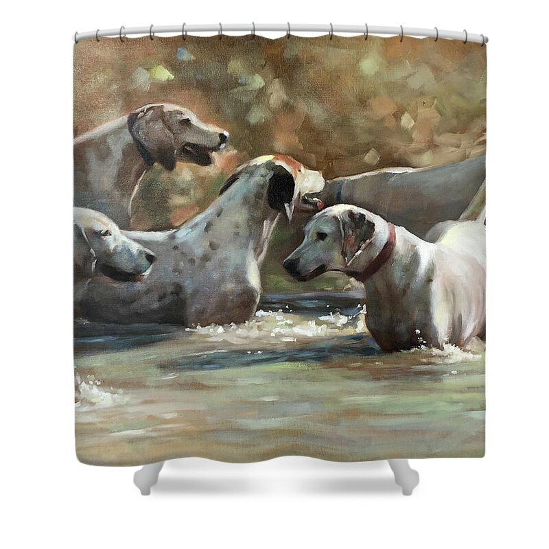Hounds Dogs Dog Foxhunt Foxhounds Hunt Water Wading Playing Contemporary Art Painting Realism Shower Curtain featuring the painting Well Hello by Susan Bradbury