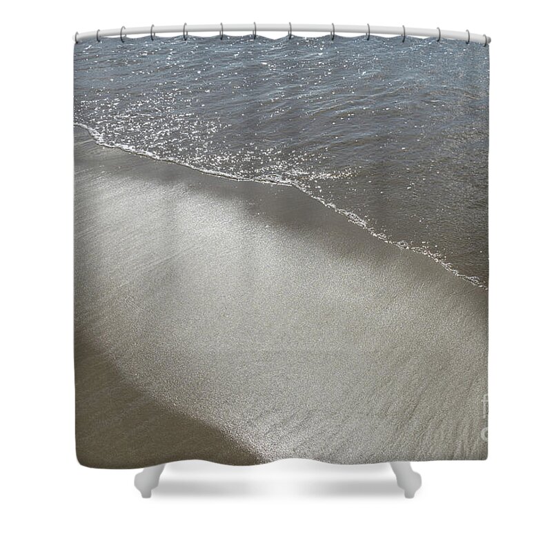 Sandy Beach Shower Curtain featuring the photograph Wet sand, sea water and reflections of sunlight 2 by Adriana Mueller