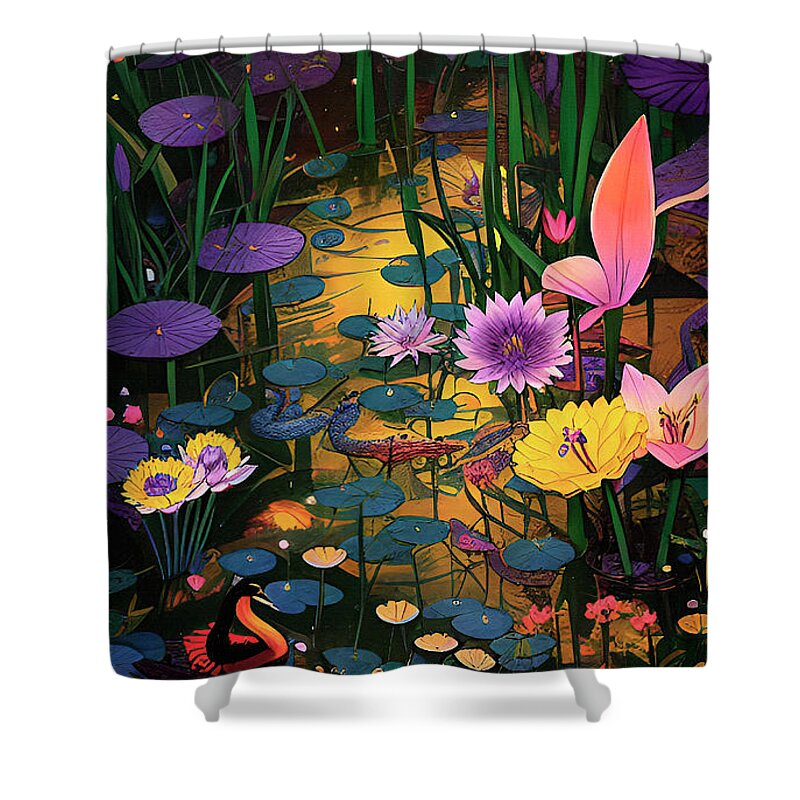 Sunsets Shower Curtain featuring the digital art Wetland Magic Sunset Reflections by Ginette Callaway