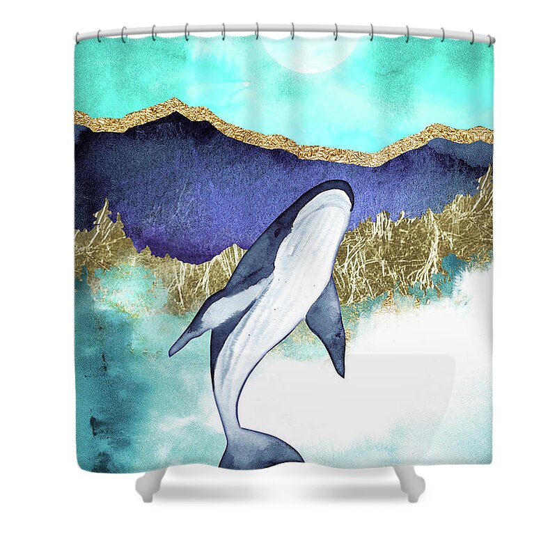 Blue Whale Shower Curtain featuring the painting Whale And Moon by Garden Of Delights