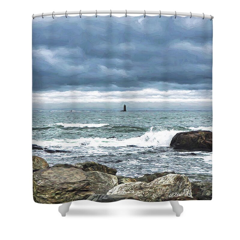 Whaleback Lighthouse Shower Curtain featuring the digital art Whaleback Lighthouse Overcast Skies and Waves by Deb Bryce