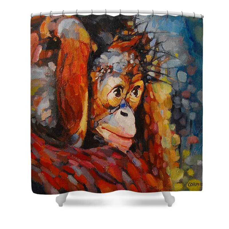 Primate Shower Curtain featuring the painting What I Saw At The Zoo by Jean Cormier