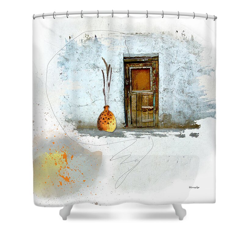 Old Shower Curtain featuring the mixed media What Lies Behind this Locked Door? by Moira Law