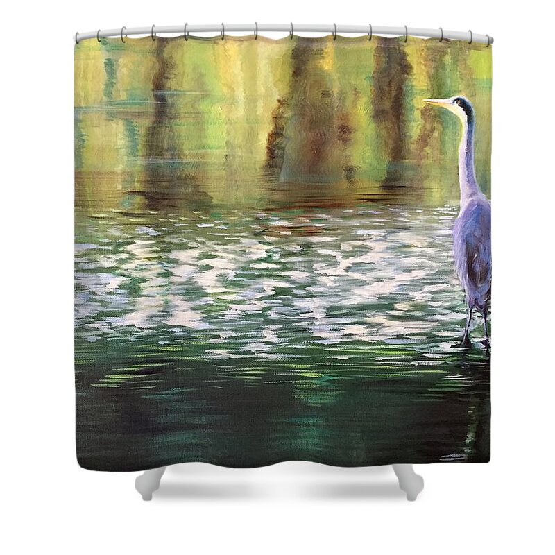 Blue Heron Shower Curtain featuring the painting What's for Dinner by Judy Rixom