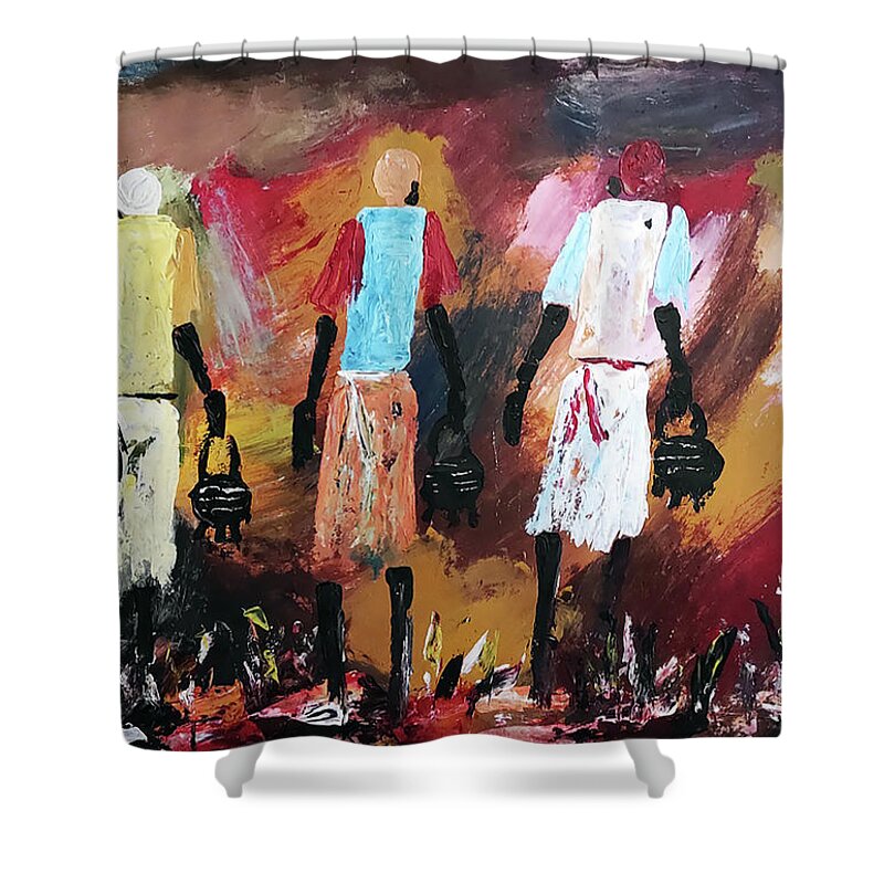 African Art Shower Curtain featuring the painting What's For Dinner by Peter Sibeko 1940-2013