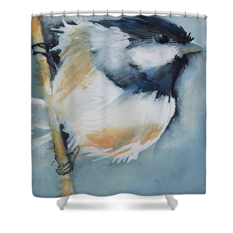 Chickadee Shower Curtain featuring the painting What's That? 2 by Jani Freimann