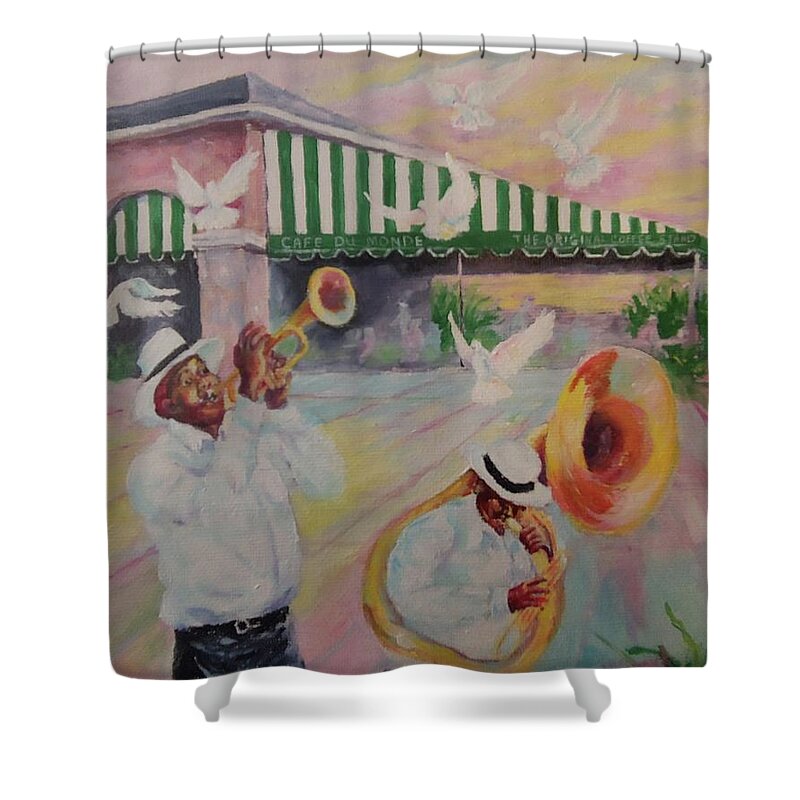 Mardi Gras Shower Curtain featuring the painting When the Saints Go Marching In--Cafe Du Monde by ML McCormick