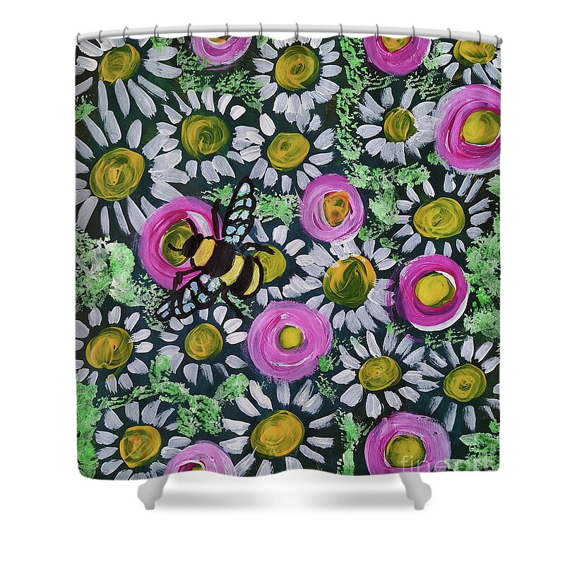 Bumblebee Shower Curtain featuring the mixed media Where is the Bumblebee by Mimulux Patricia No