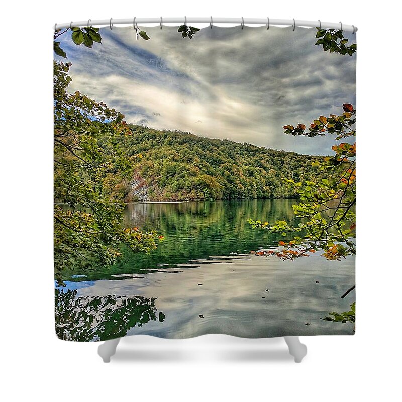 Plitvice Lakes Shower Curtain featuring the photograph Where Sky Meets The Water by Yvonne Jasinski