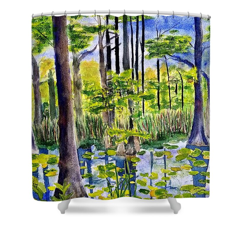 Cypress Dunes Shower Curtain featuring the painting Where the Bullfrogs live by Ann Frederick