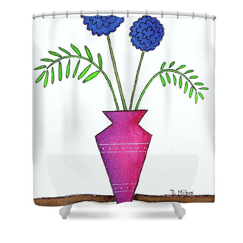 Mid Century Modern Flowers Shower Curtain featuring the painting Whimsical Blue Flowers in Pinkish Purple Vase by Donna Mibus