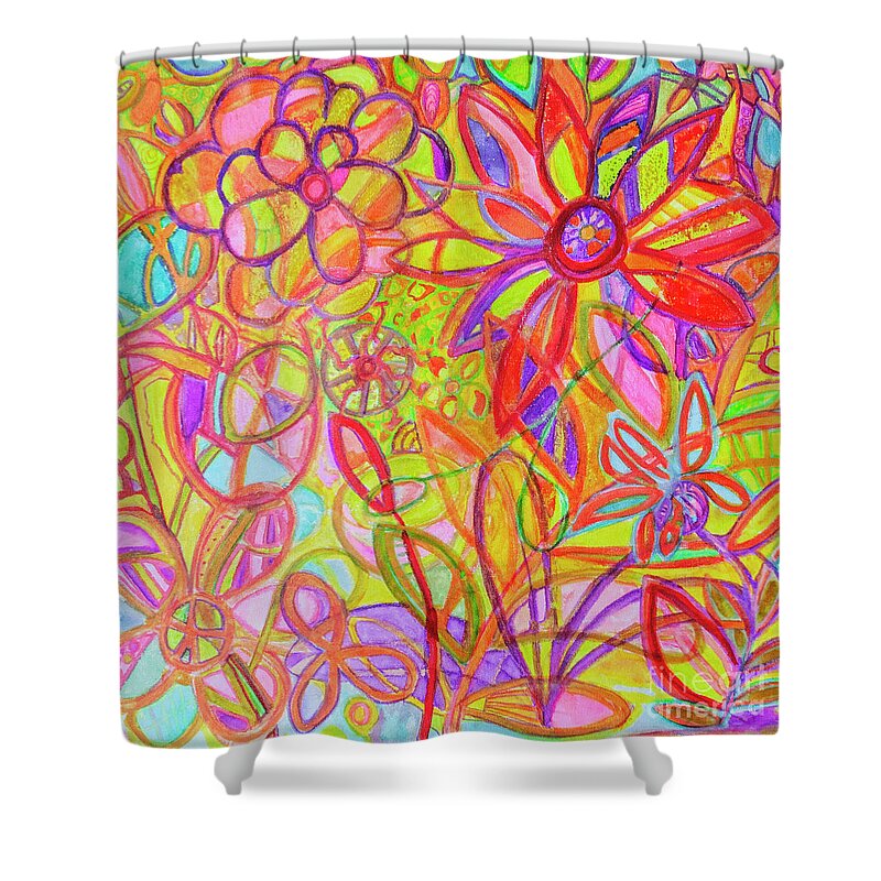 Abstract Nature Shower Curtain featuring the digital art Whimsical Flower Garden in Bright Bold Colors by Patricia Awapara