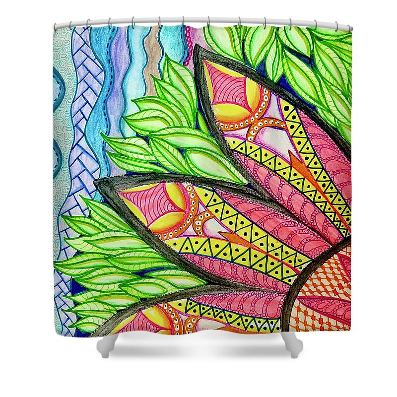 Flower Shower Curtain featuring the painting Whimsical Flower with Leaves and Waves by Monica Habib