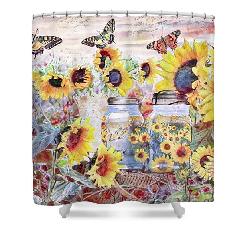 Spring Shower Curtain featuring the digital art Whimsical Sunshine in a Jar by Debra and Dave Vanderlaan