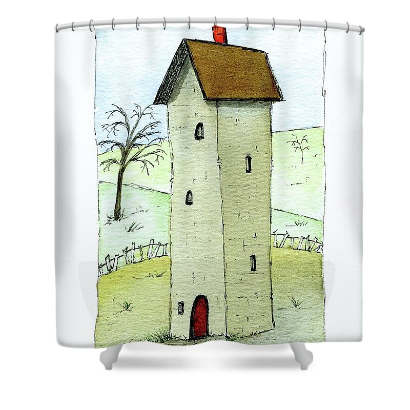 Whimsical House Painting Shower Curtain featuring the painting Whimsical Tall House by Donna Mibus