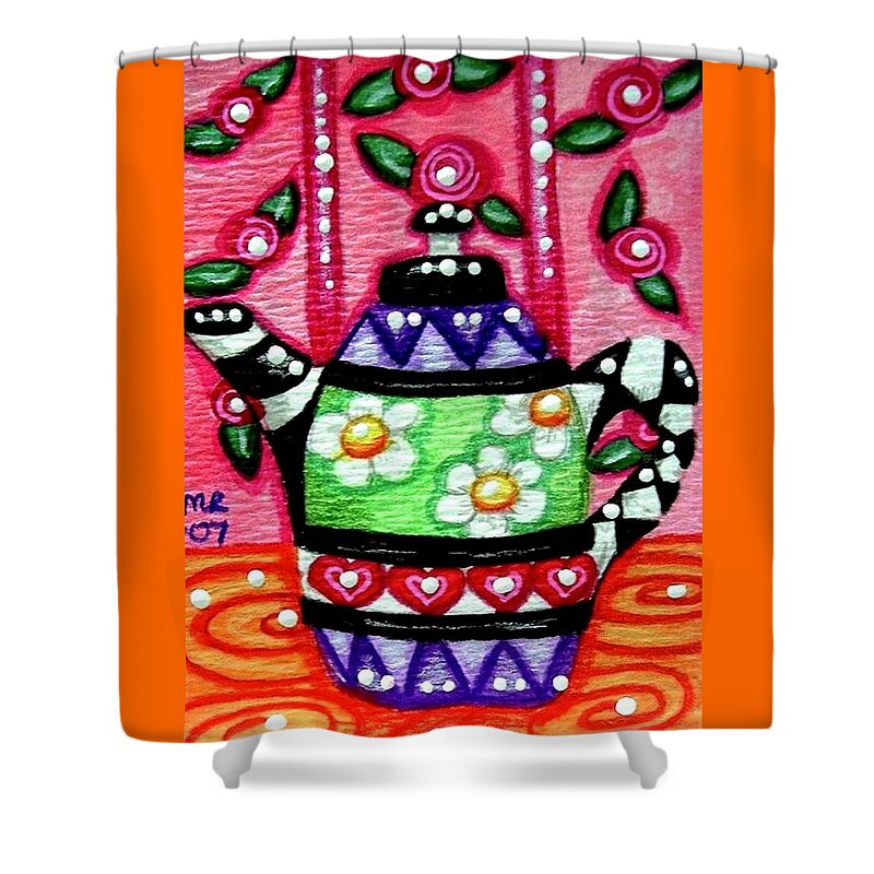 Whimsical Shower Curtain featuring the painting Whimsical Teapot with Rose Wallpaper by Monica Resinger