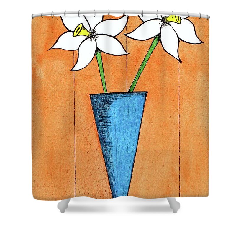 Mid Century Flowers Shower Curtain featuring the painting Whimsical White Flowers in Blue Vase by Donna Mibus