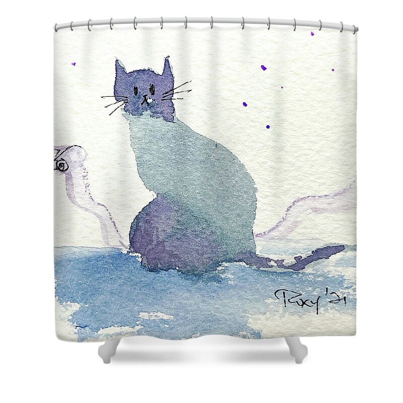 Whimsical Cat Shower Curtain featuring the painting Whimsy Kitty 20 by Roxy Rich