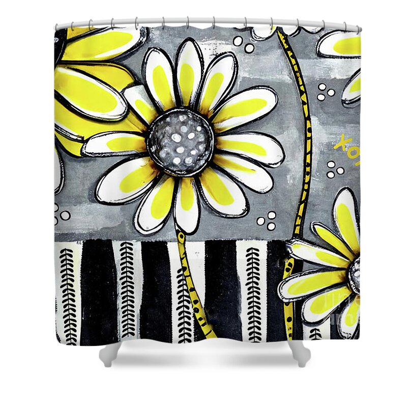 Yellow Daisy Shower Curtain featuring the painting Whimsical Spring Daisy Flowers by Tina LeCour
