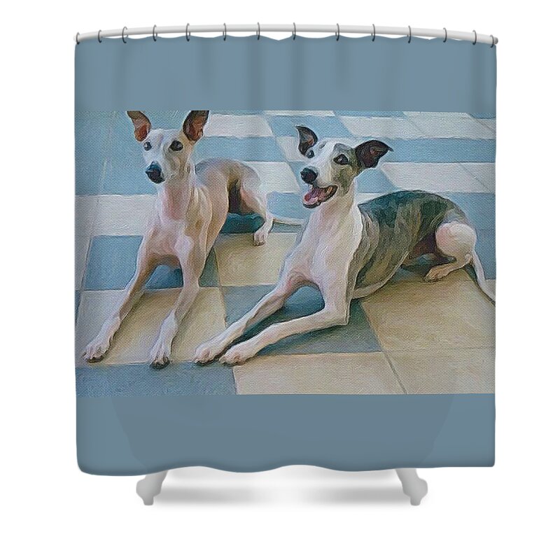 Whippets Shower Curtain featuring the digital art Whippets Posing by Zelda Tessadori