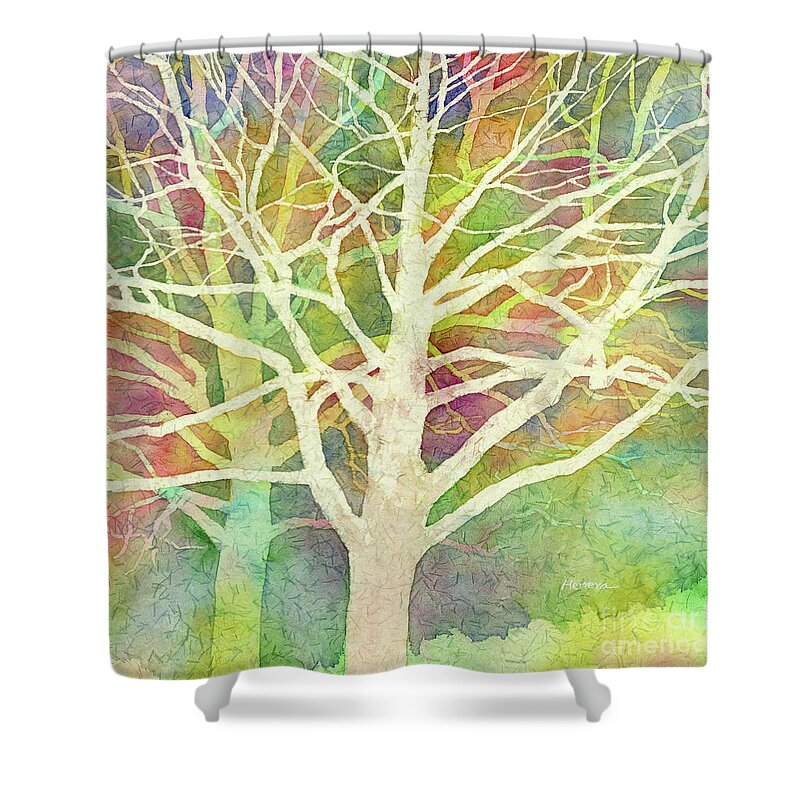 Cardinal Shower Curtain featuring the painting Whisper - Trees by Hailey E Herrera