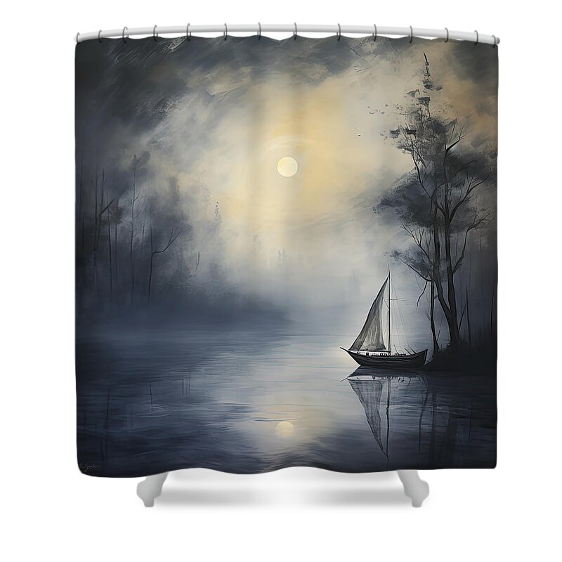 Mystery Art Shower Curtain featuring the painting Whispering Waters - Black and White Lakehouse Art by Lourry Legarde