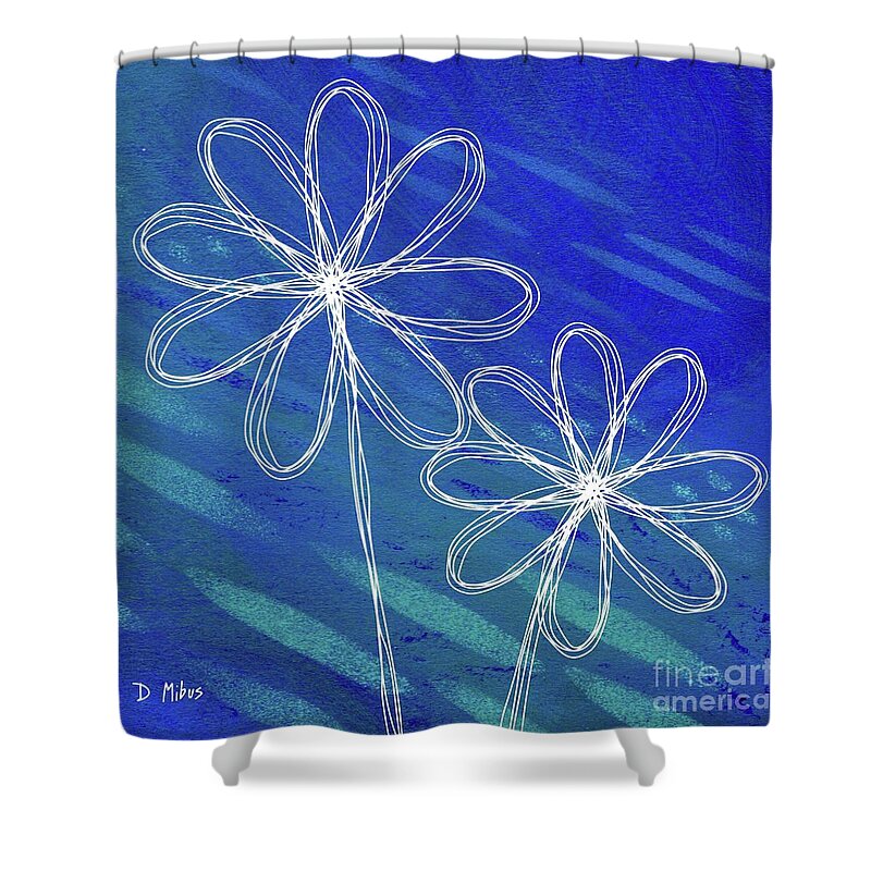 Retro Flowers Shower Curtain featuring the mixed media White Abstract Flowers on Blue and Green by Donna Mibus