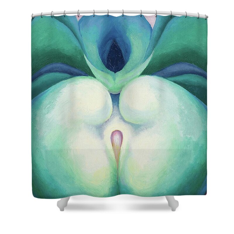 Georgia O'keeffe Shower Curtain featuring the painting White and blue blower shapes - abstract modernist painting by Georgia O'Keeffe