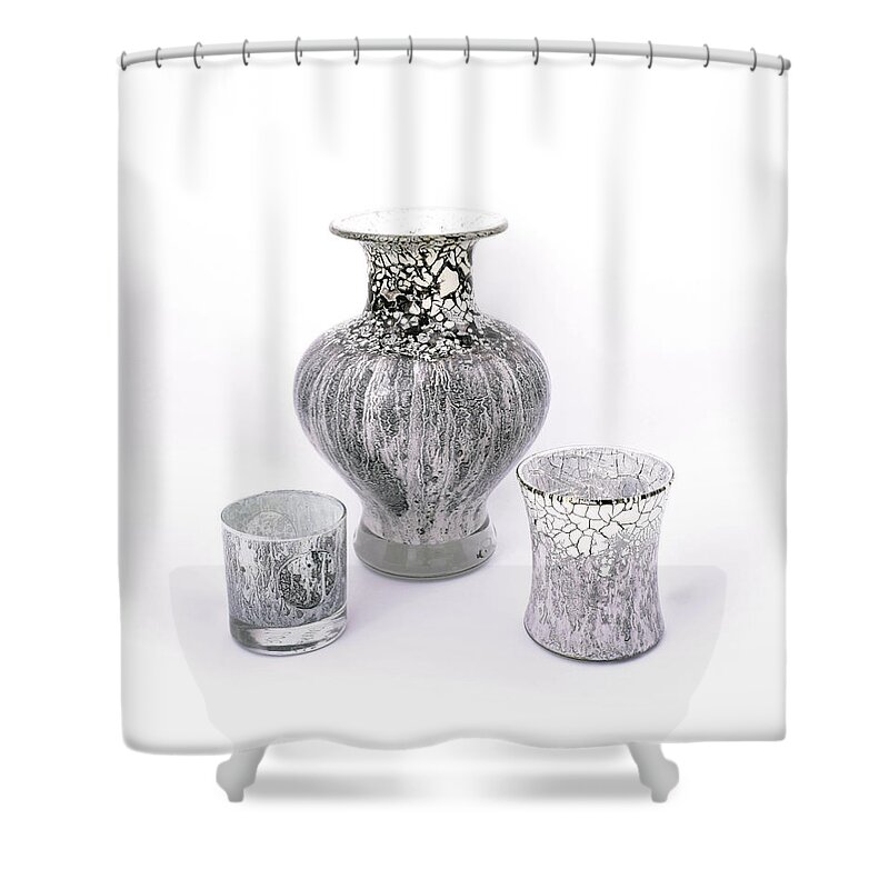 White Shower Curtain featuring the glass art White and Gray Set of Three by Christopher Schranck