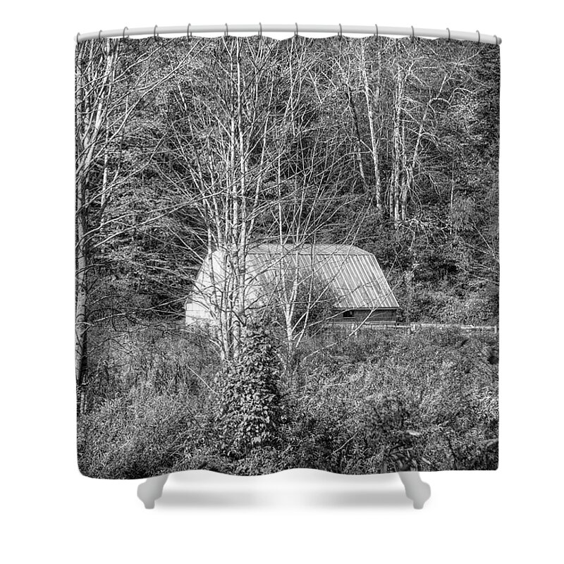 Barns Shower Curtain featuring the photograph White Barn Farm Creeper Trail in Autumn Fall Black and White Dam by Debra and Dave Vanderlaan