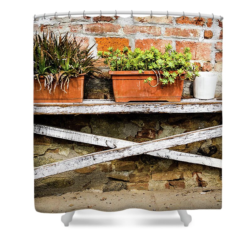 Italy Shower Curtain featuring the photograph White bench with planters by Craig A Walker