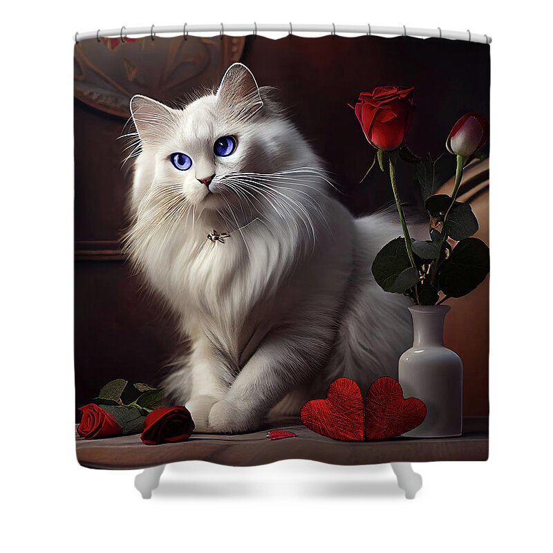 Cat Shower Curtain featuring the digital art White Cat Waiting for her Valentine by Lily Malor