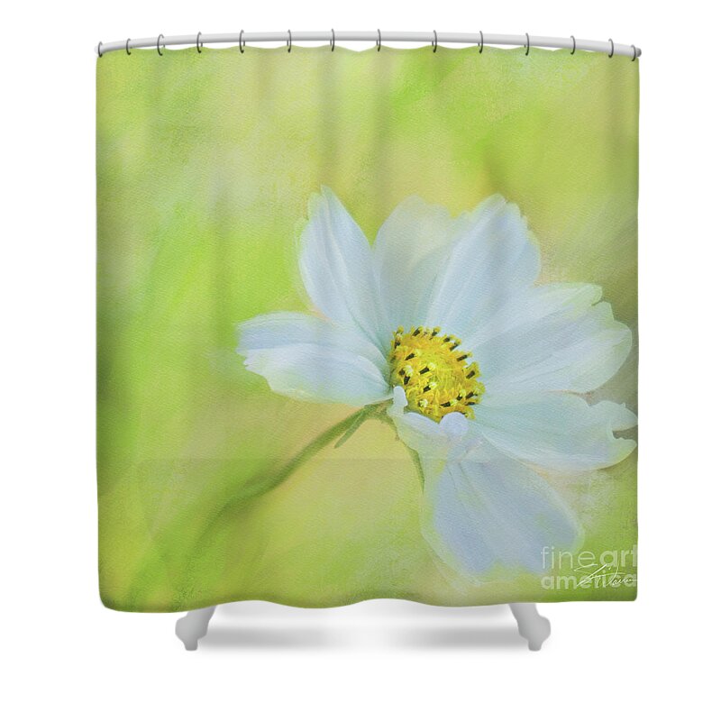 Cosmos Shower Curtain featuring the mixed media White Cosmos Dreams I by Shari Warren