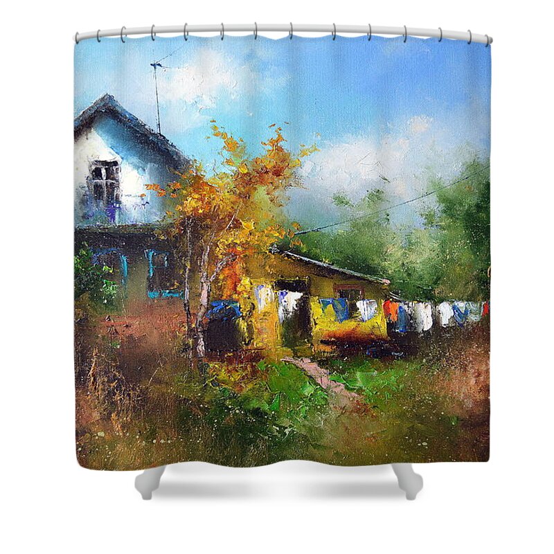 Russian Artists New Wave Shower Curtain featuring the painting White Farmhouse by Igor Medvedev