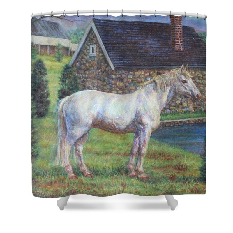 Horse Shower Curtain featuring the painting White Horse by Veronica Cassell vaz