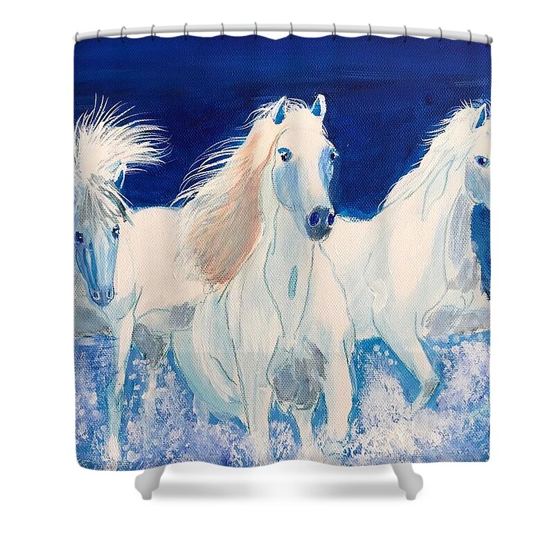 Pets Shower Curtain featuring the painting White Horses on Beach by Kathie Camara
