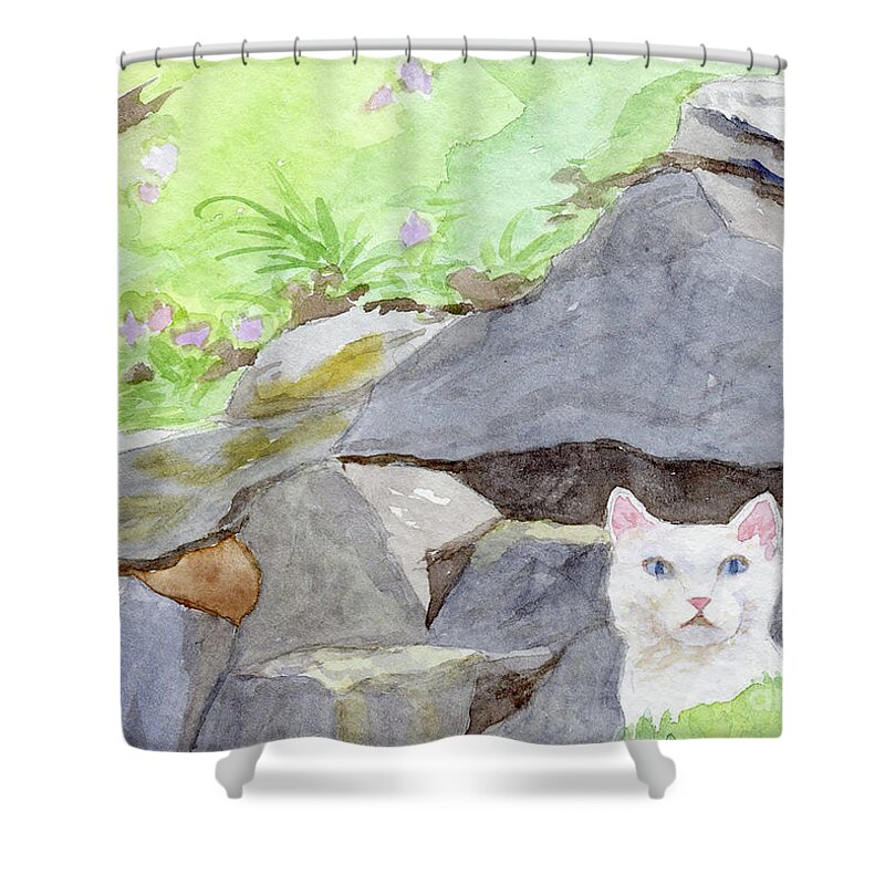 Kitty Shower Curtain featuring the painting White Kitty by Anne Marie Brown