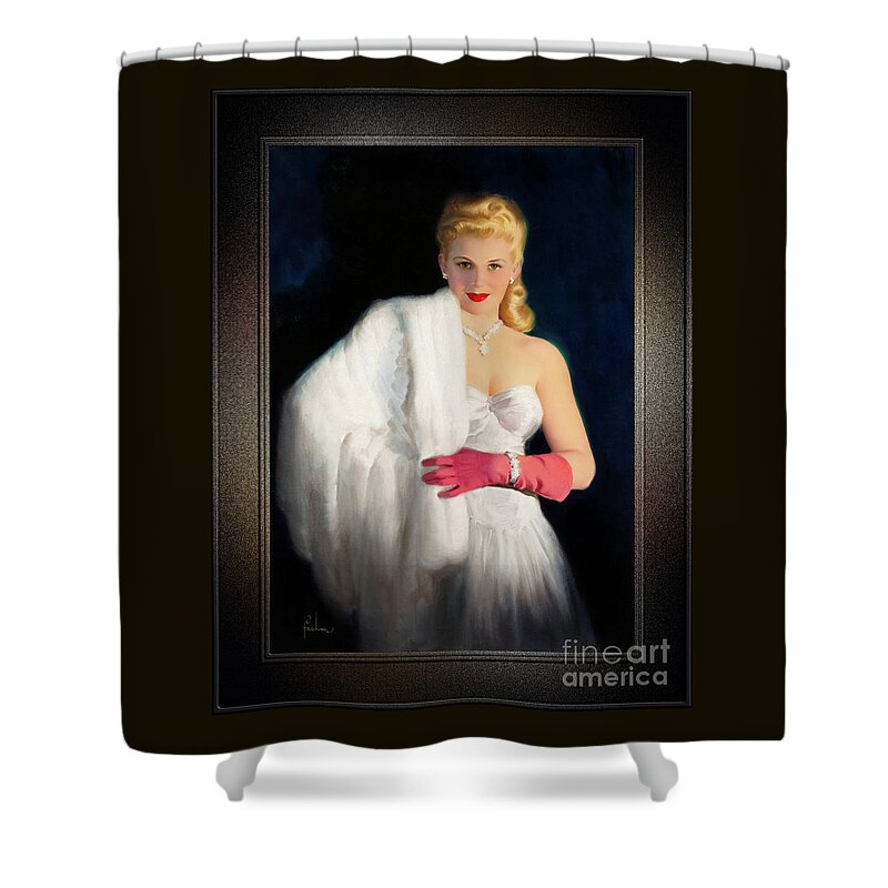Blonde Shower Curtain featuring the painting White Mink and Diamonds by Art Frahm Sophisticated Pin-Up Girl Vintage Artwork by Rolando Burbon
