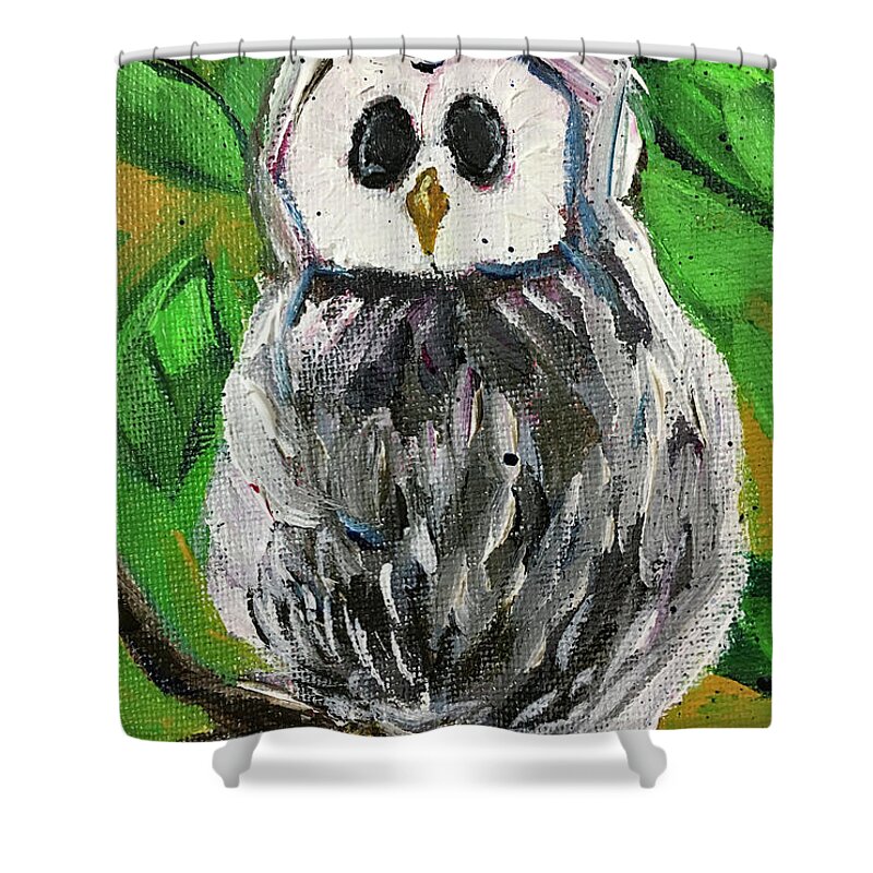 Owl Shower Curtain featuring the painting White Owl in Foilage by Roxy Rich