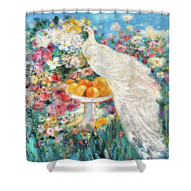 Peacock Shower Curtain featuring the painting White Peacock by Shijun Munns