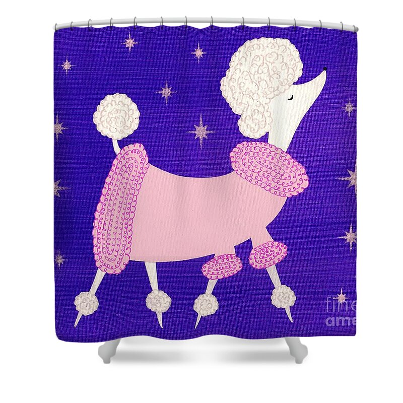 Mid Century Modern Standard Poodle Shower Curtain featuring the painting White Poodle Feeling Pretty in New Coat by Donna Mibus