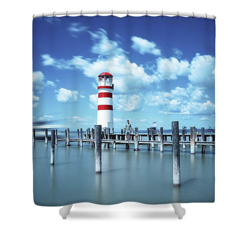 Destinations Shower Curtain featuring the photograph White-red lighthouse in Podersdorf am See by Vaclav Sonnek